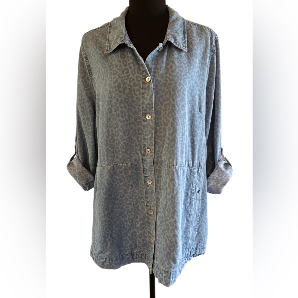 Soft Surroundings Button-down Cheetah Print Roll-tab Sleeve Shirt/Jacket